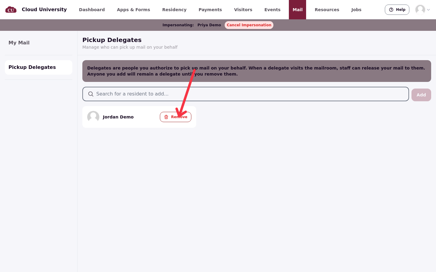 The Pickup Delegates page listing Jordan Demo after being added