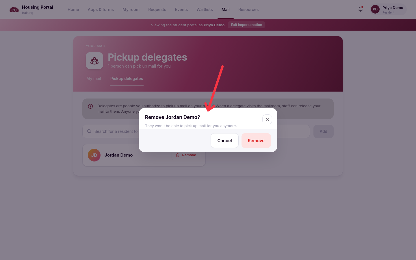 The Remove Jordan Demo confirmation dialog with Cancel and Remove buttons