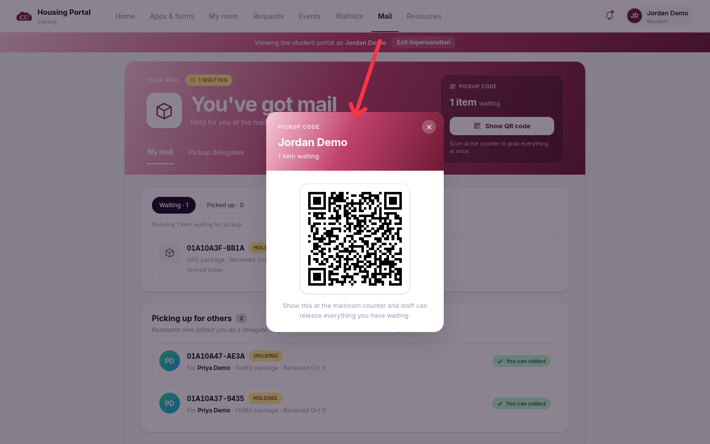 The pickup code modal with a QR code
