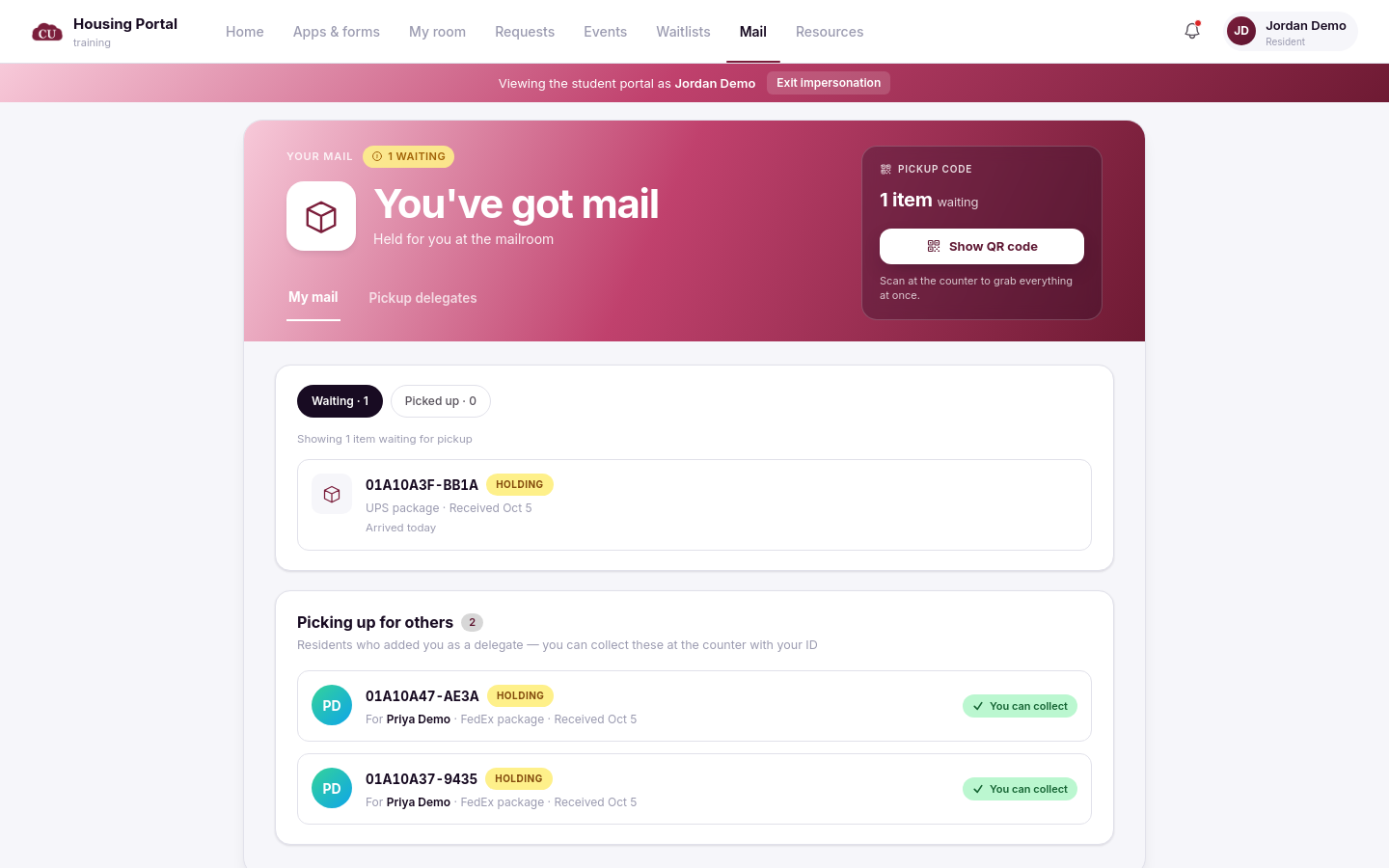 The new portal My mail page with the waiting list, the pickup code card and the Waiting and Picked up filters