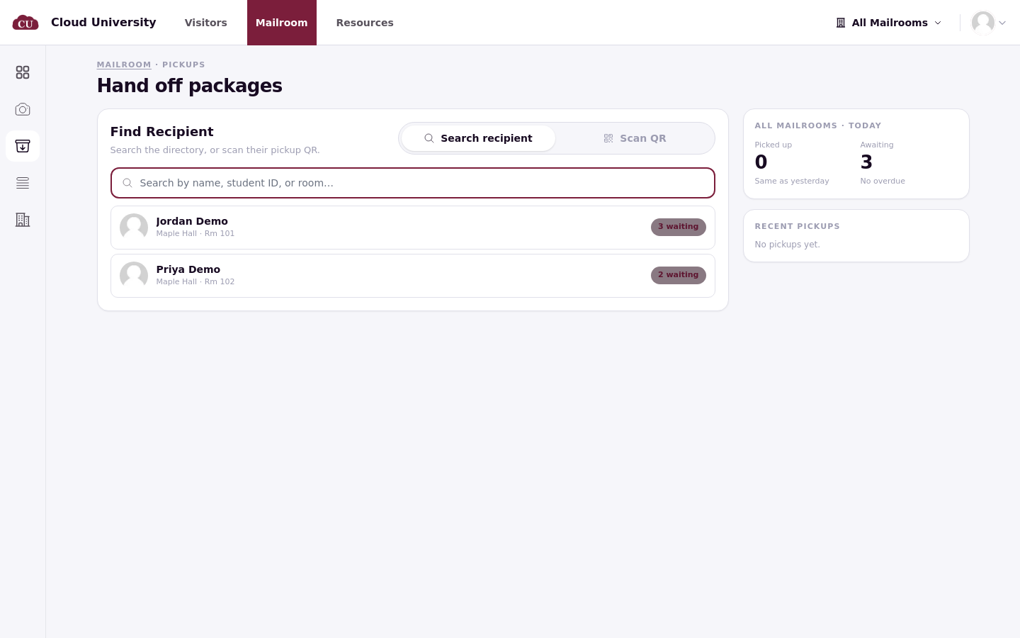 The Pickups page with the Find Recipient search, Search recipient and Scan QR modes, and a Today panel
