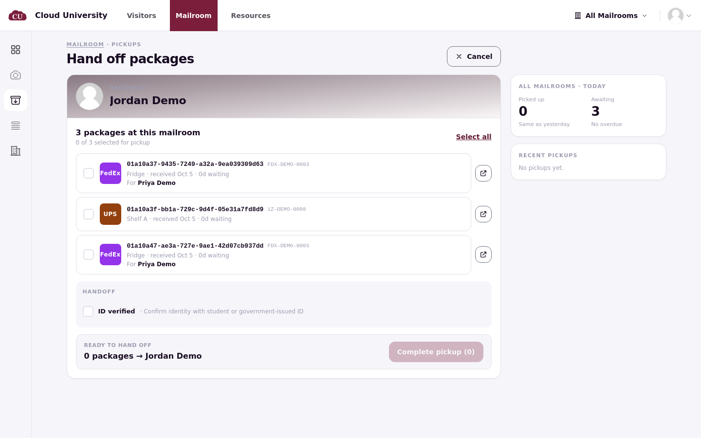 Jordan Demo's pickup page listing three packages with tick boxes, including two for Priya Demo