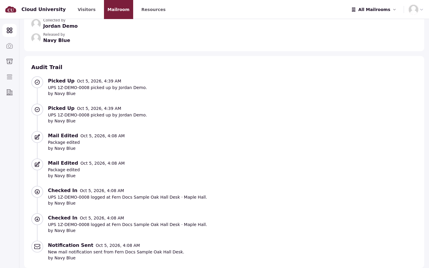 A collected item's page with the Picked Up entry in the Audit Trail