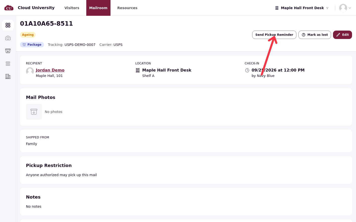 An Ageing item page with the Send Pickup Reminder button in the header
