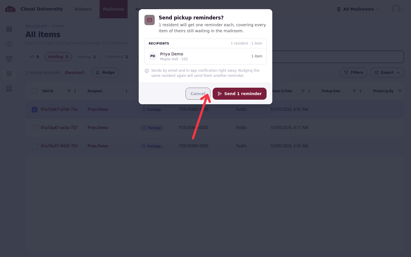 The Send pickup reminders dialog listing the recipients with Cancel and Send buttons