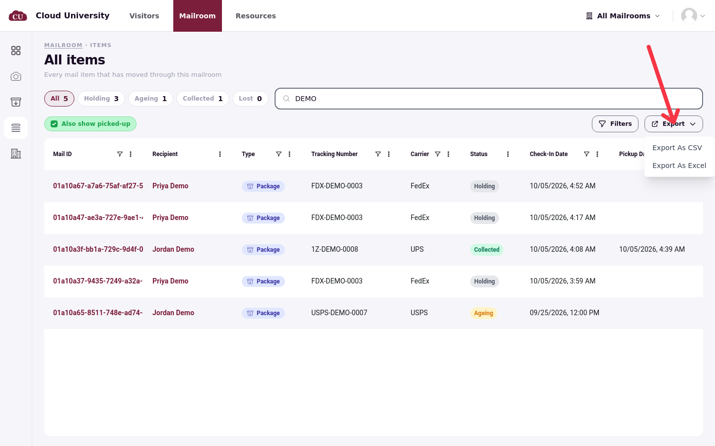 The Export menu open with Export As CSV and Export As Excel