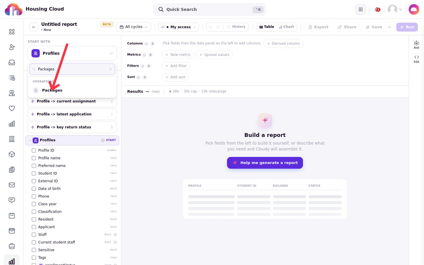 The report builder's data picker with Packages listed under Operations