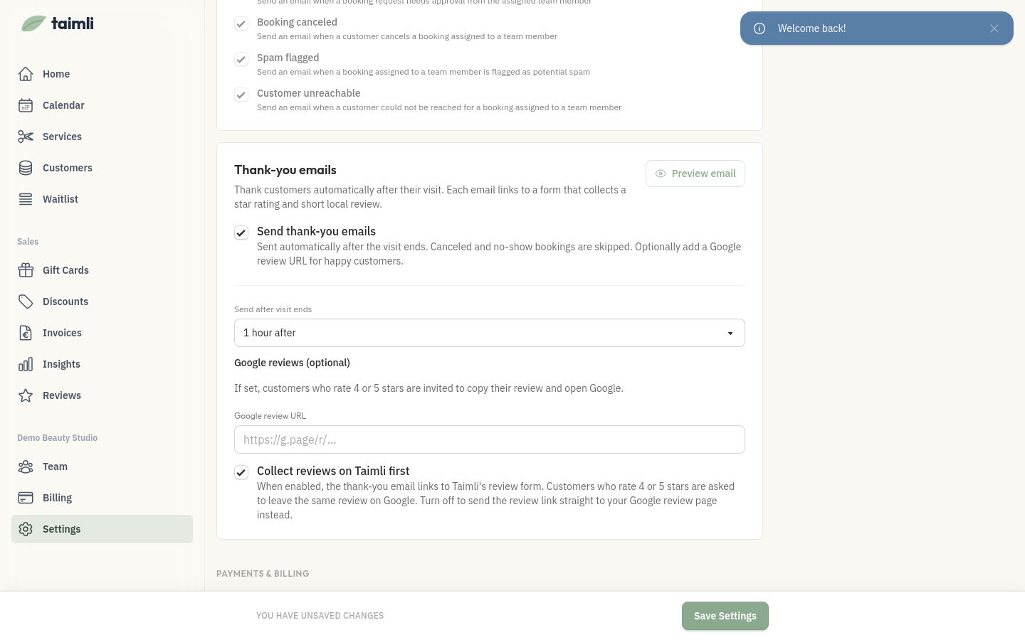 The Thank-you emails section in Settings with Send thank-you emails checked, the Send after visit ends selector, the Google review URL field, and the Collect reviews on Taimli first checkbox