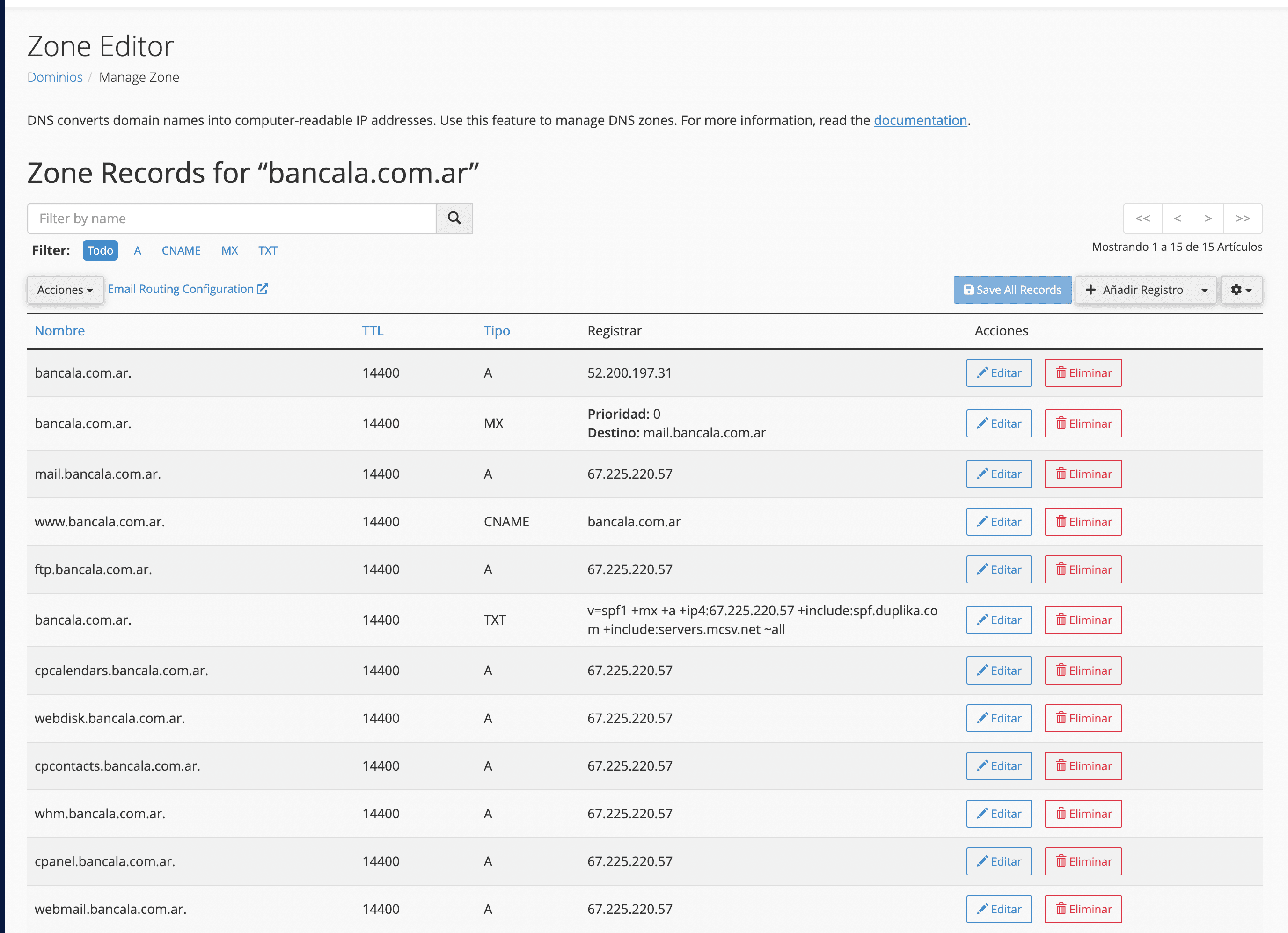 Editor de registros DNS (Zone Editor) en cPanel