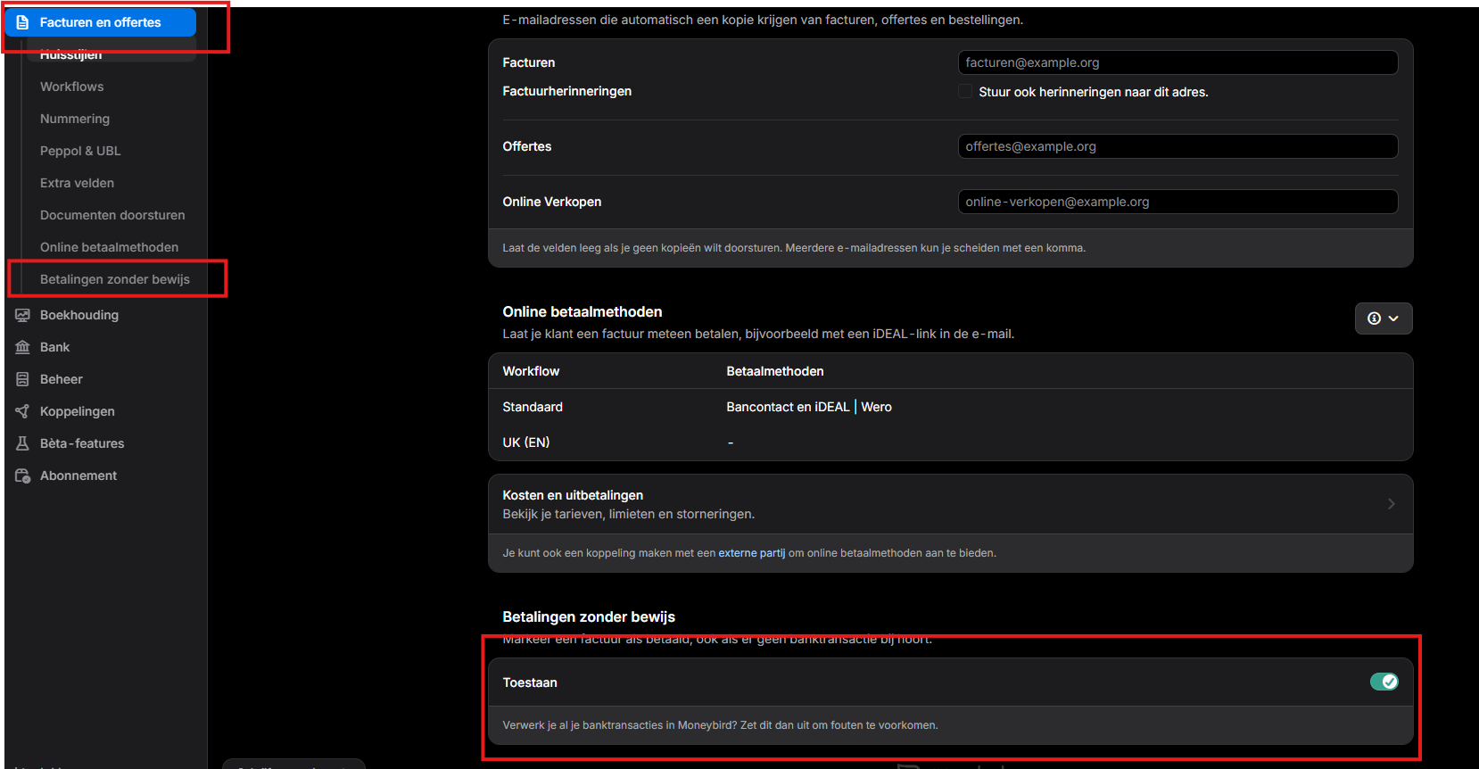 De instelling Betalingen zonder bewijs in Moneybird, onder Instellingen en Facturen en offertes