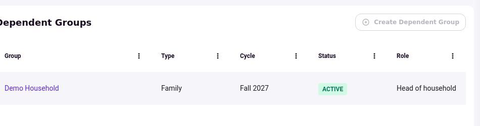The Dependent Groups card on application review with the Create Dependent Group button greyed out