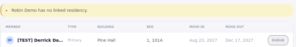 The Residency tab warning that a member has no linked residency