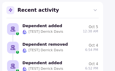 The Recent activity card on a residency page listing Dependent added and Dependent removed entries
