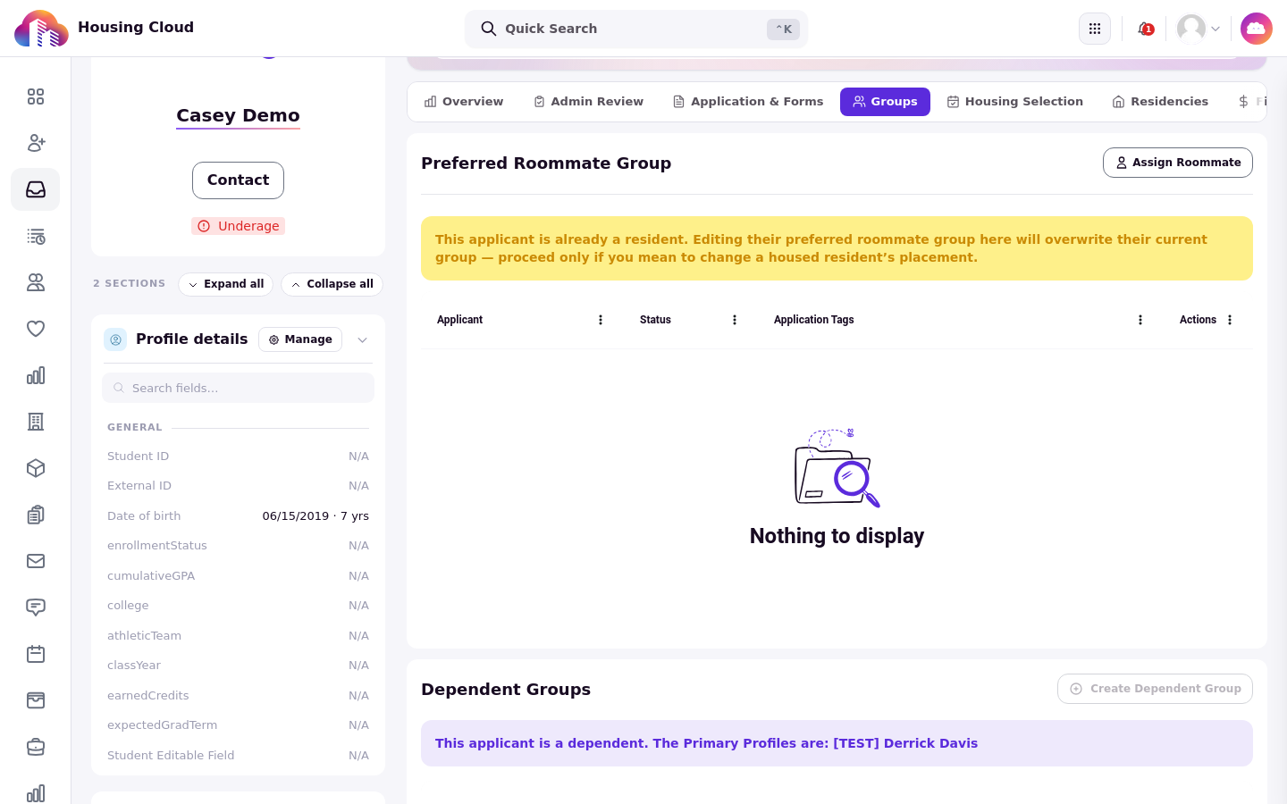 The Dependent Groups card with the purple This applicant is a dependent banner