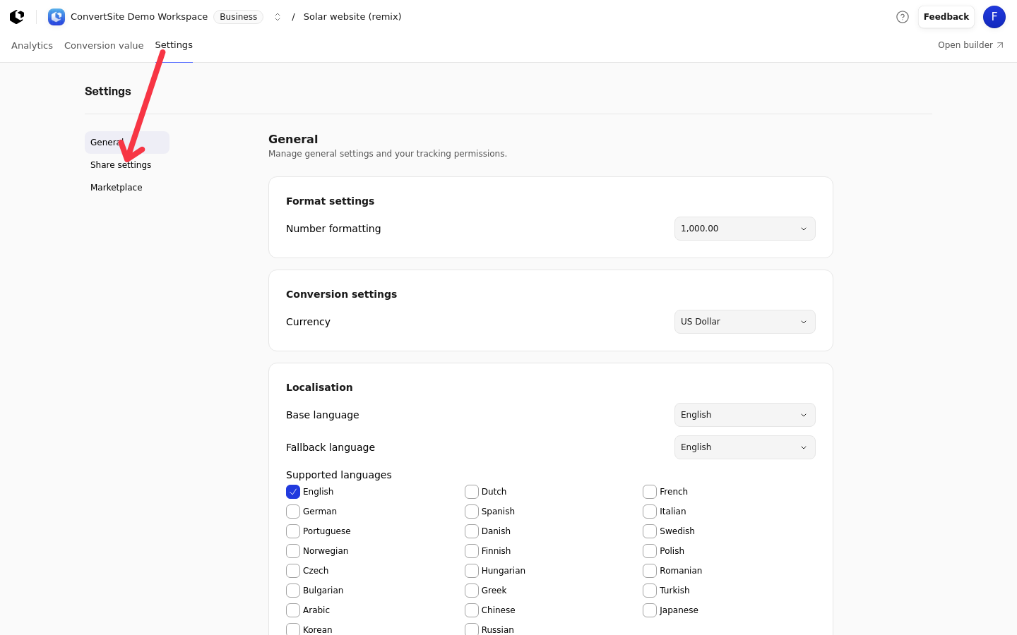 The site Settings page with the Share settings link highlighted in the sidebar