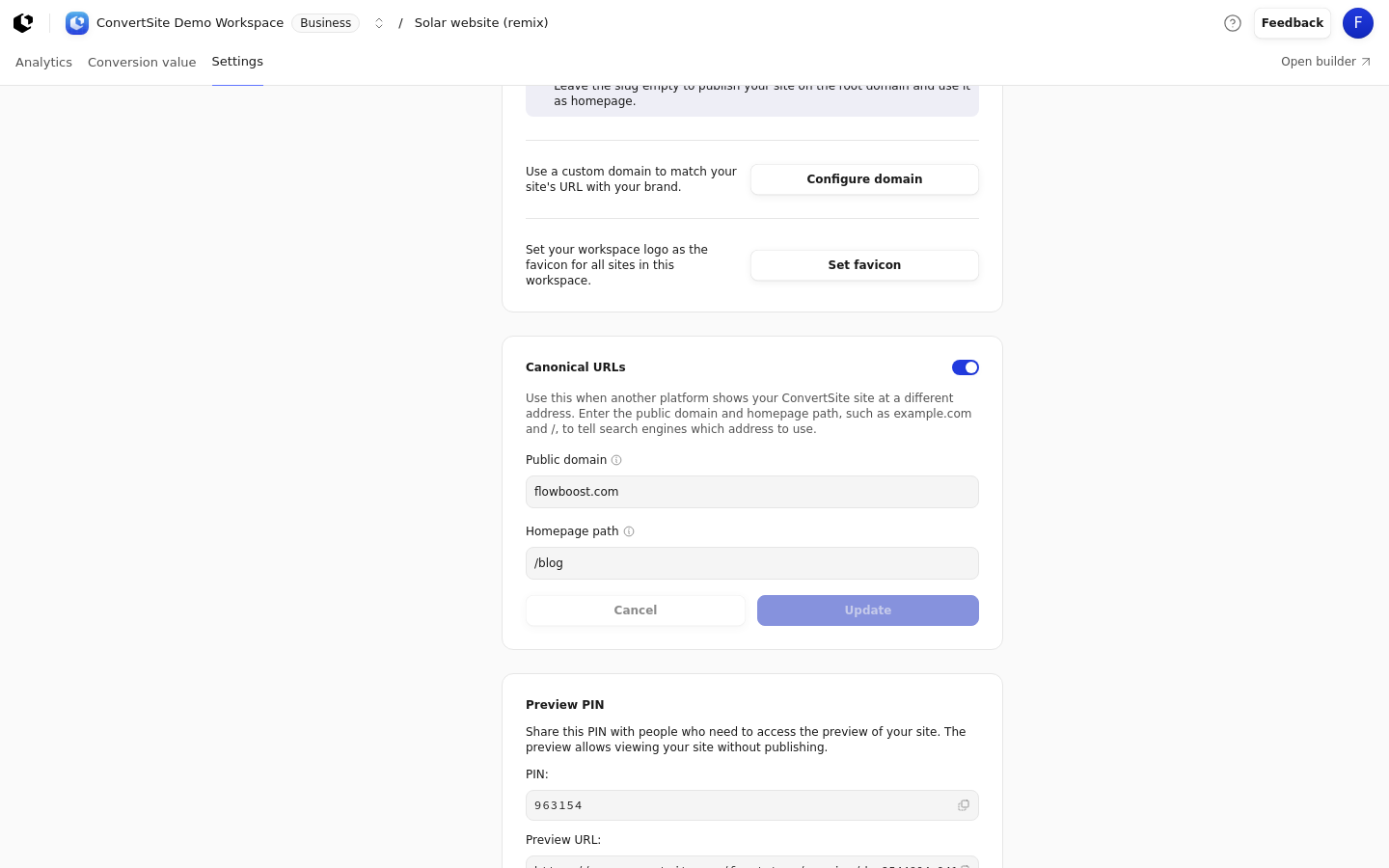The Canonical URLs card showing the saved public domain and homepage path with Cancel and Update disabled