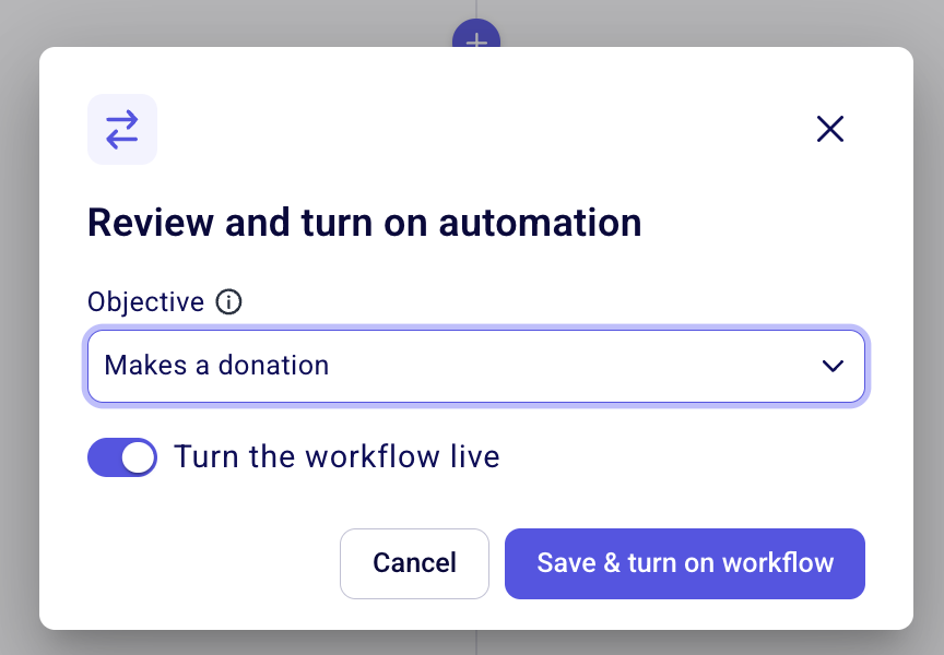Fenster „Automatisierung überprüfen und aktivieren“ mit den Zieloptionen und dem Schalter „Workflow Live schalten“