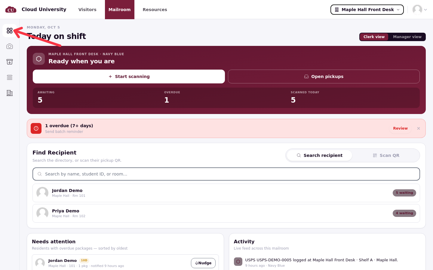 The operations portal with the left rail of Dashboard, Scan, Pickups, All items and Locations