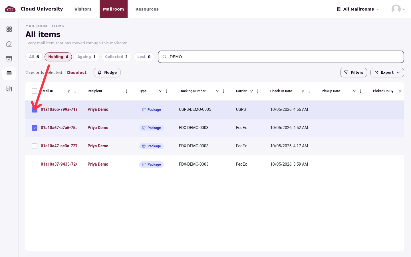 The Holding list with two rows ticked and the Nudge button showing