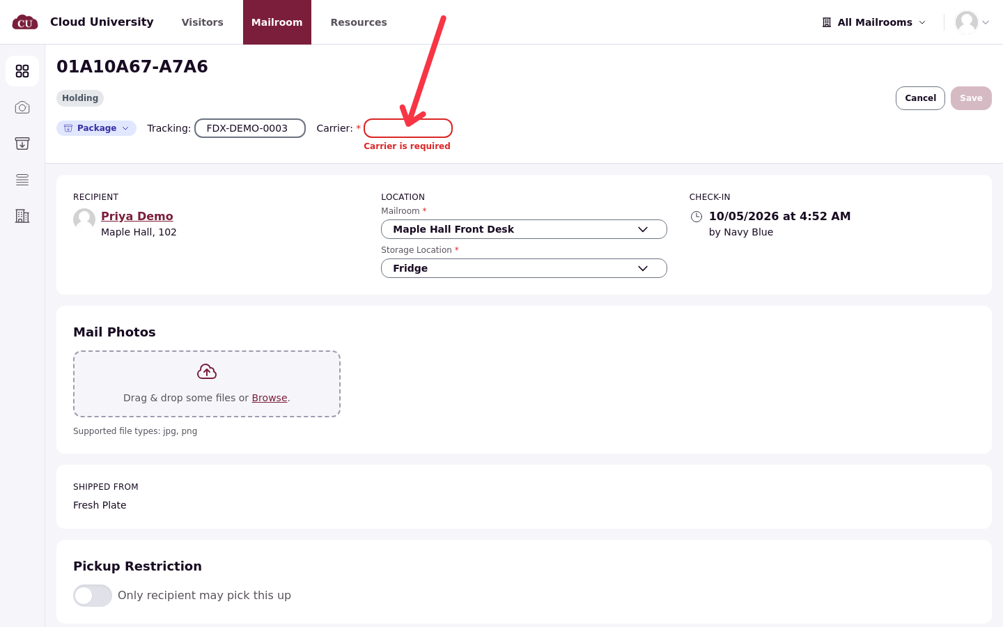 Edit mode with the Carrier field empty and the message Carrier is required
