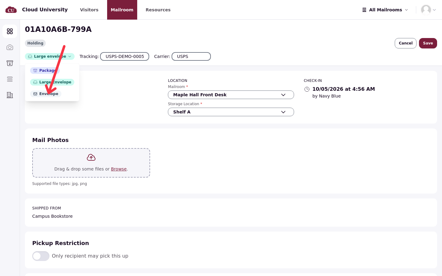 The Mail type menu open with Package, Large envelope and Envelope options
