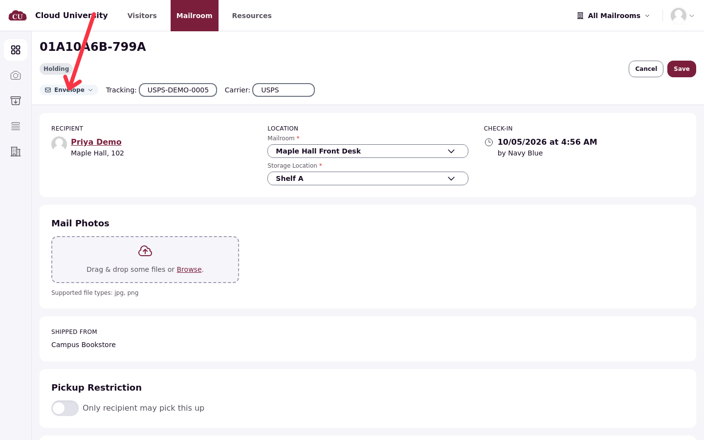 The Mail type control set to Envelope in edit mode
