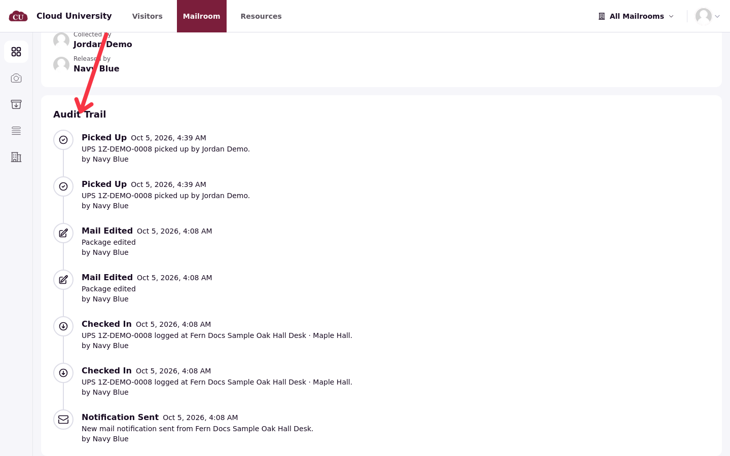 The Audit Trail showing Mail Edited entries with a time and staff member