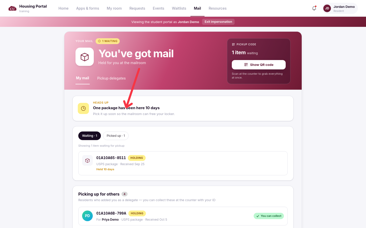 The new portal Mail page with the Heads up nudge reading One package has been here 10 days