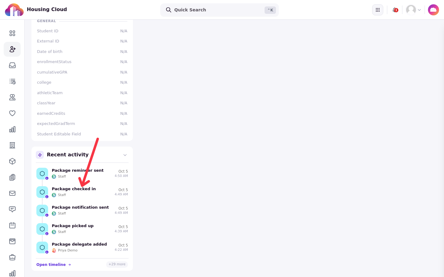The Recent activity feed on a resident profile with package events