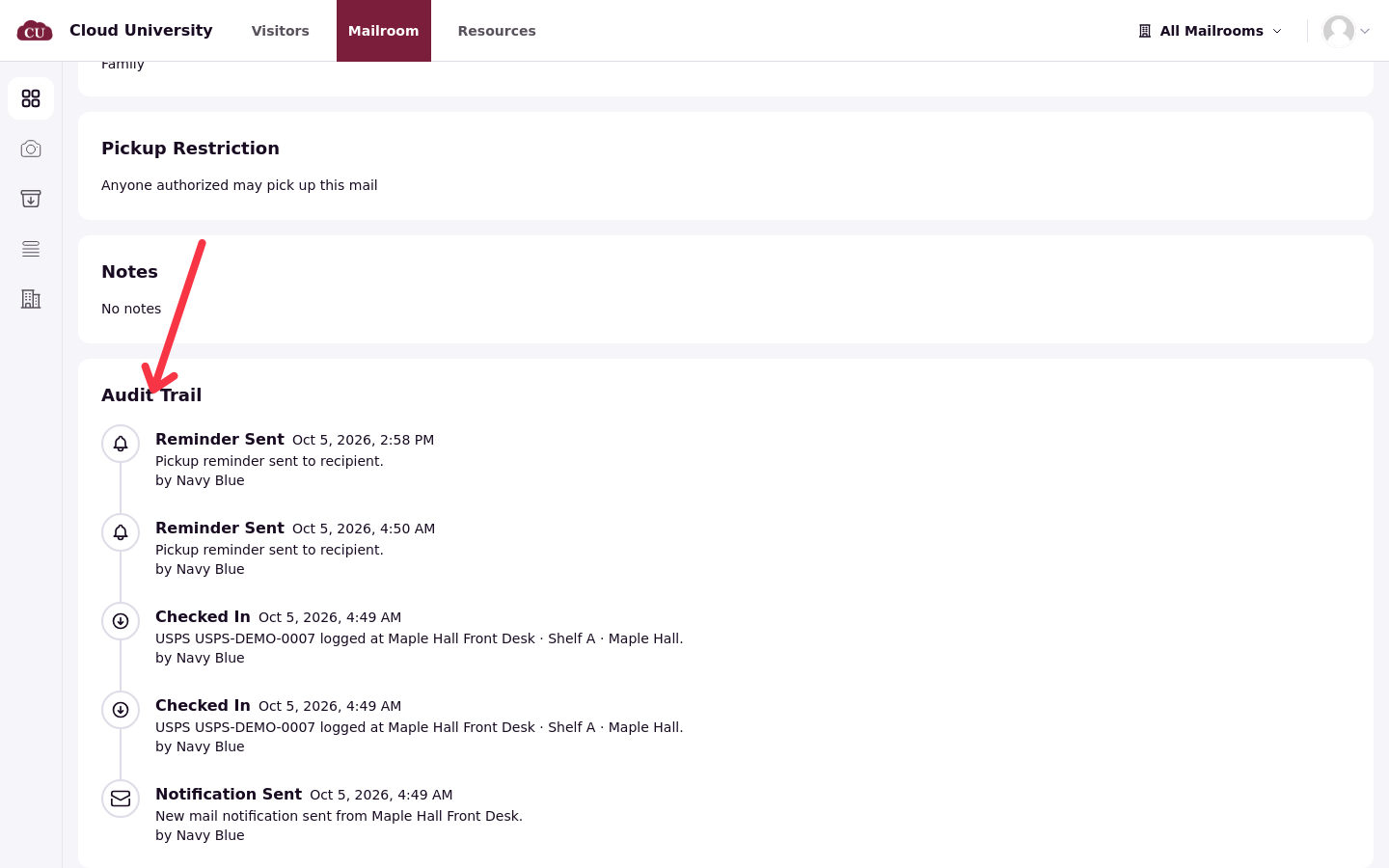 The Audit Trail with a Reminder Sent entry showing the time and staff member
