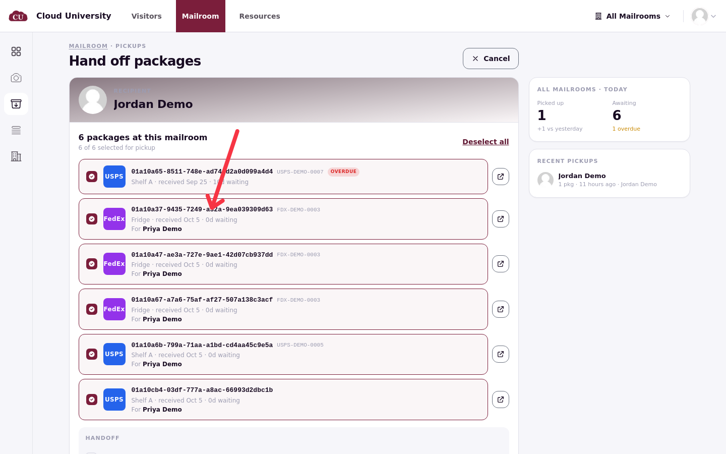 Jordan Demo's pickup page listing their own overdue care package and five packages labelled For Priya Demo