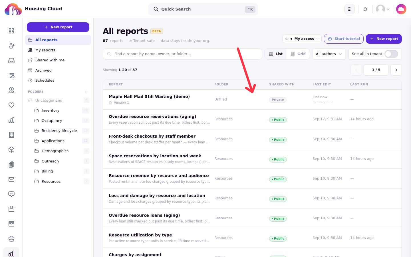 The report library listing Maple Hall Mail Still Waiting (demo) as Version 1, Unfiled and Private