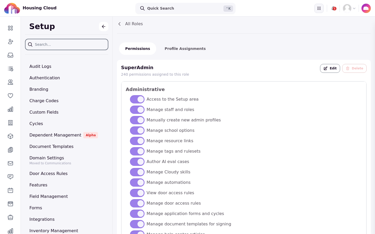 A role permission list showing Manage Cloudy skills and Manage automations switched on