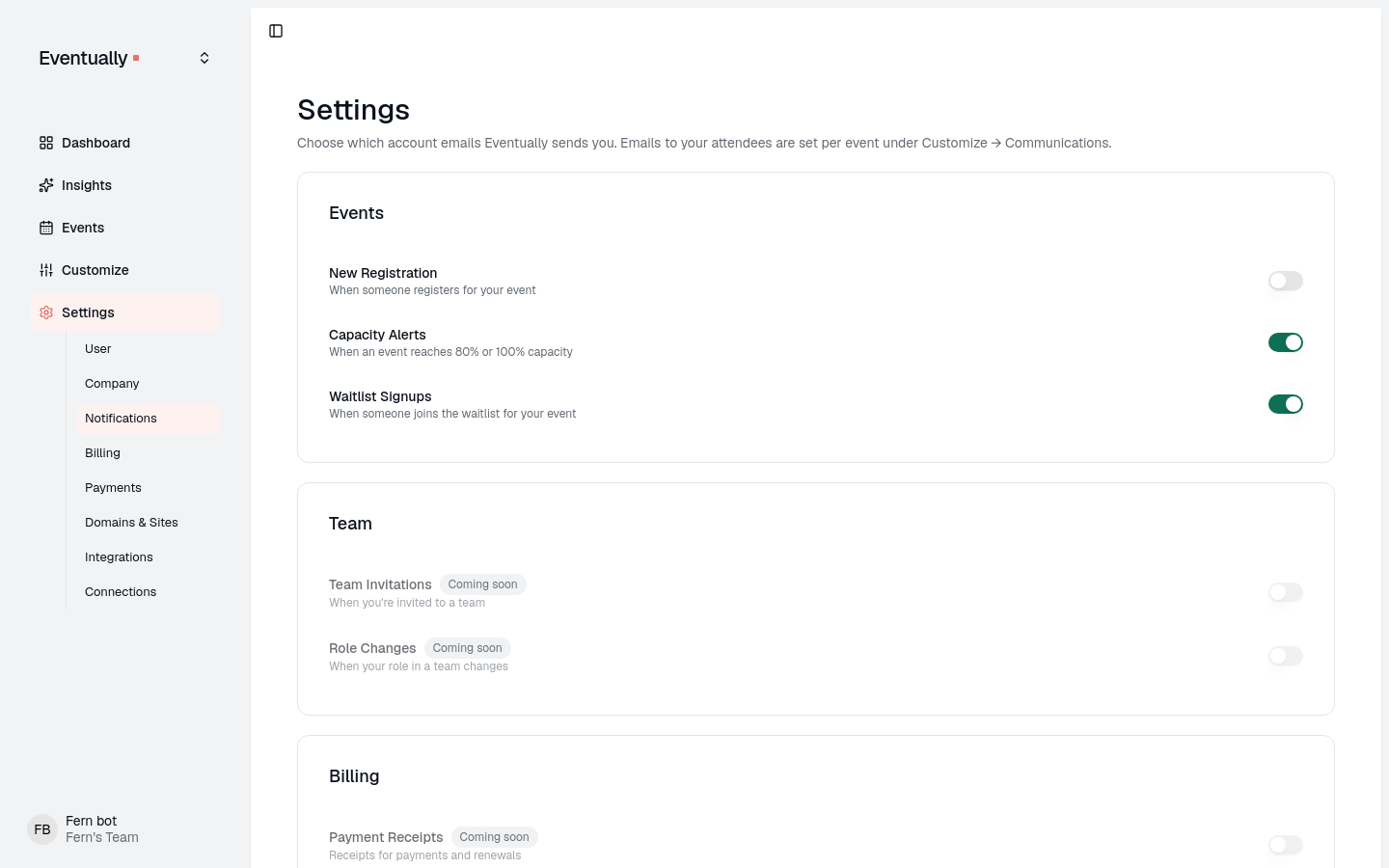 Team notification controls for Team Invitations and Role Changes, disabled and marked Coming soon