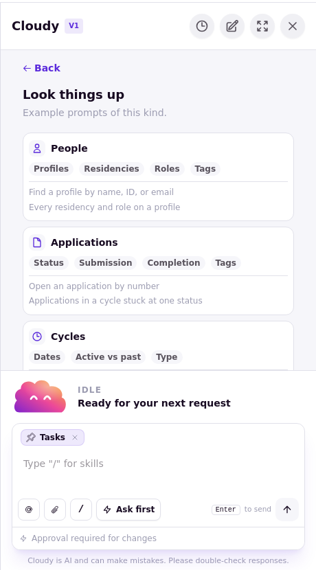 Cloudy Look things up areas including People, Applications, and Cycles