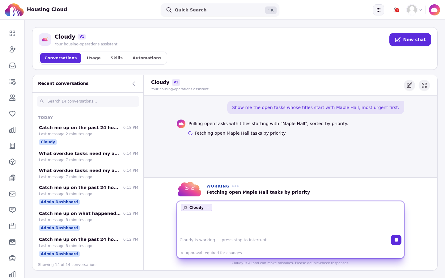 Cloudy working through a request with a Reasoning status