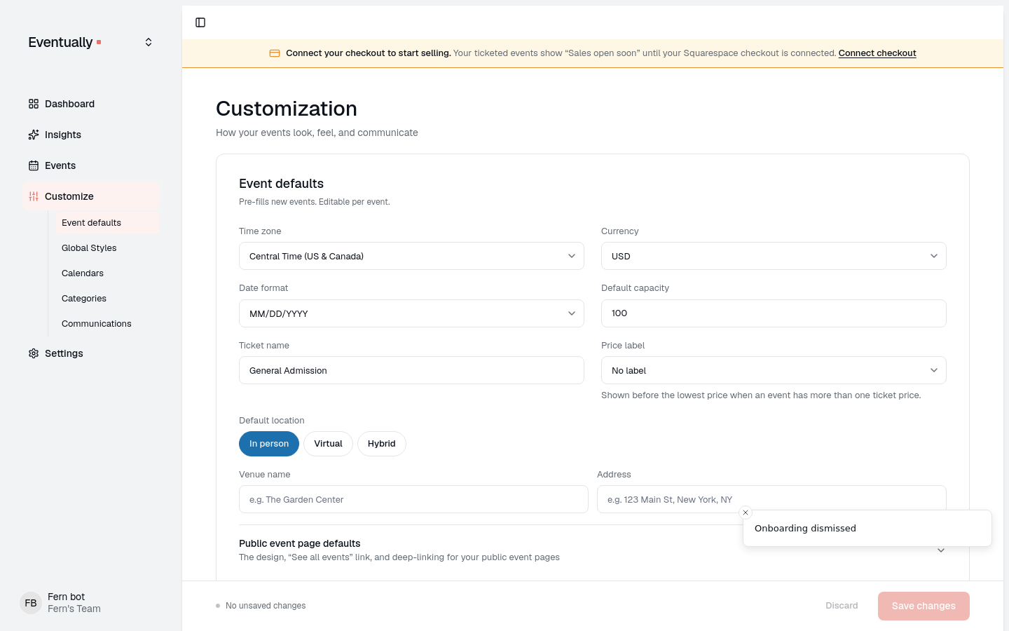 Eventually dashboard with the Customize menu expanded showing the Categories link