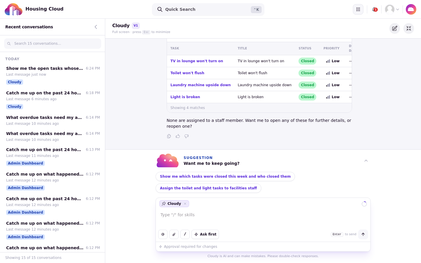Cloudy showing a finished Facilities Tasks result with follow-up suggestions