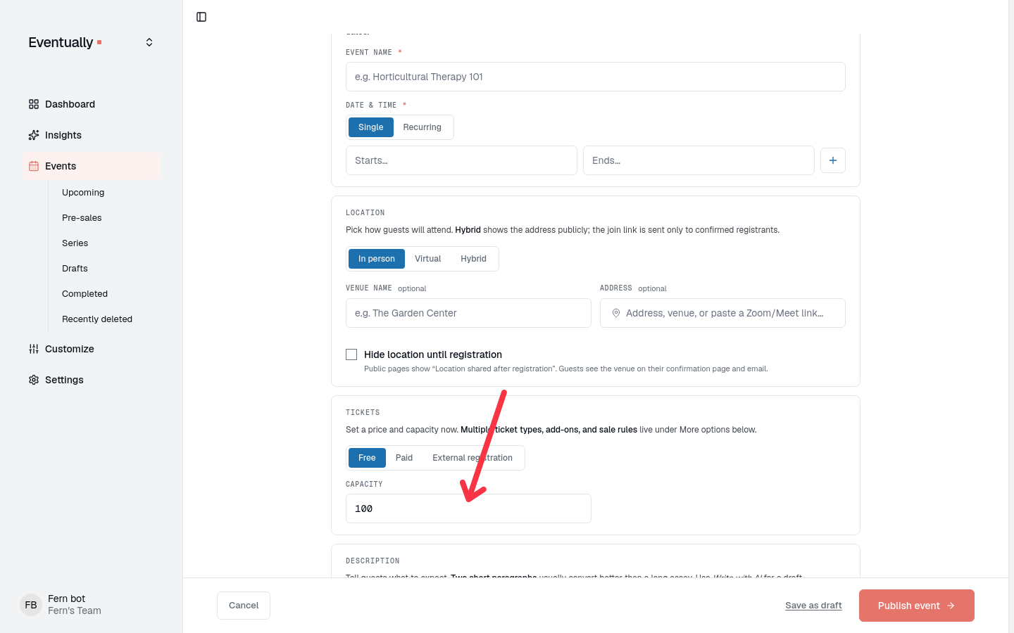 The event creation form with the Event name and Date and time fields, the Tickets card with Free, Paid, and External registration choices, and the Capacity field