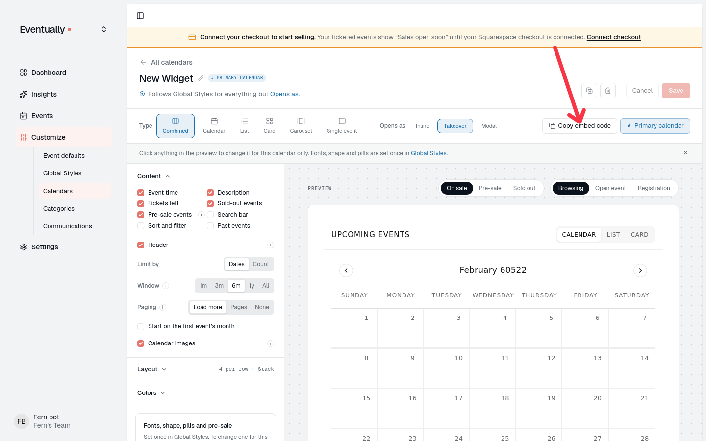 The calendar widget editor with the Copy embed code button