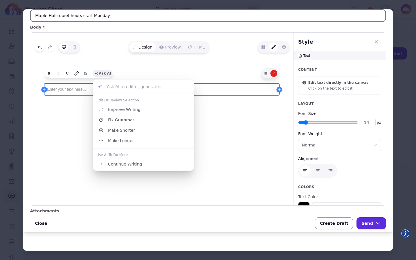 The Ask AI menu with its writing options