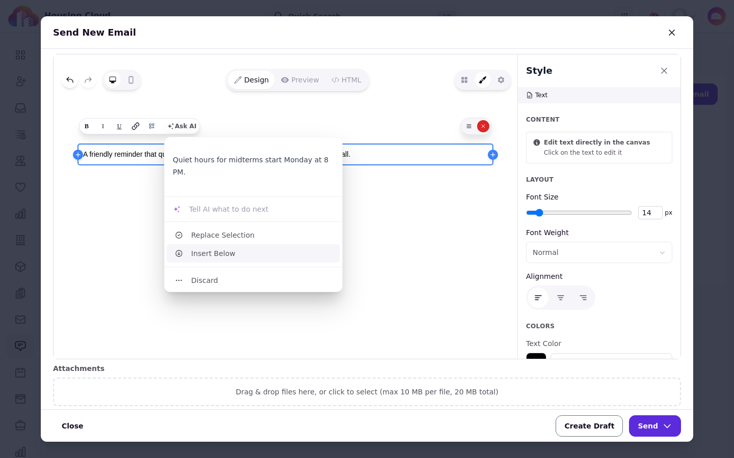 The shortened quiet-hours draft in the AI menu