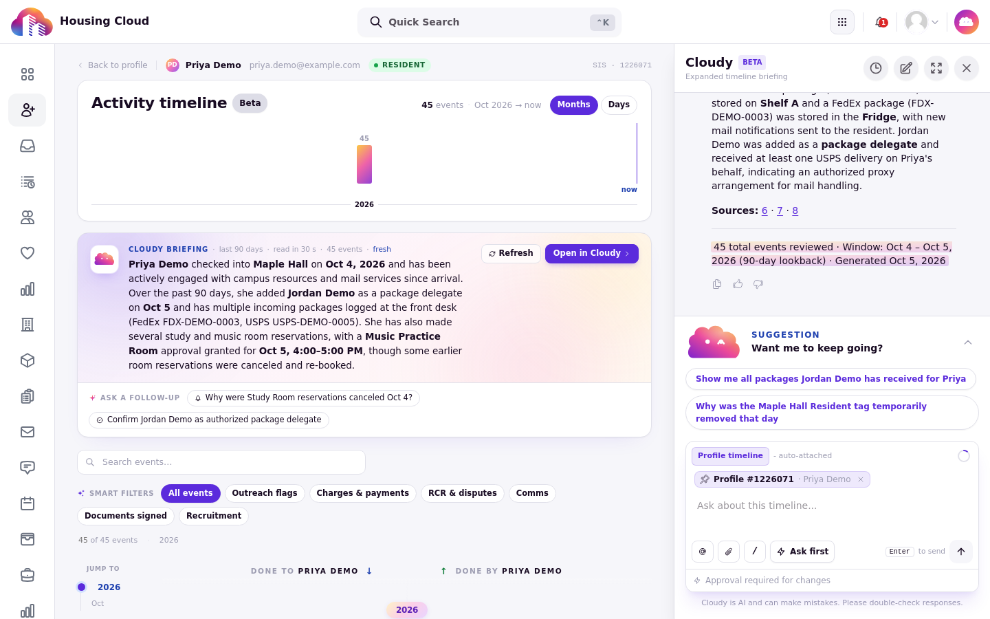 The expanded timeline briefing in the Cloudy panel with sources