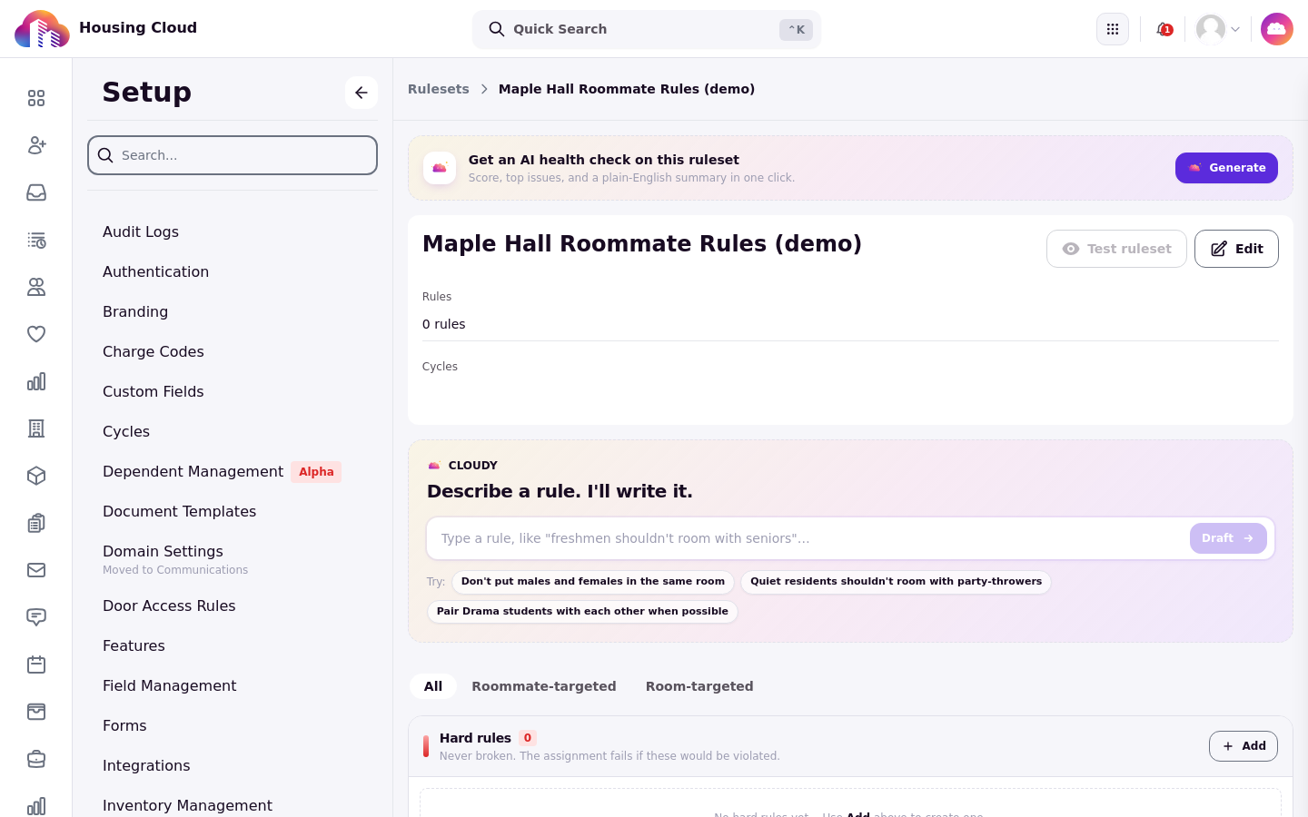 The ruleset editor with the rule box and the AI health check card