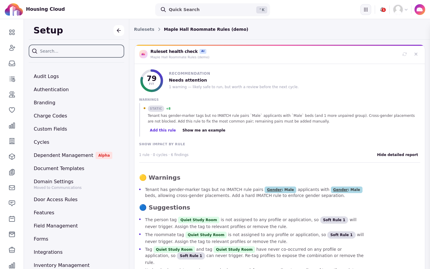 The detailed health check report with warnings and suggestions