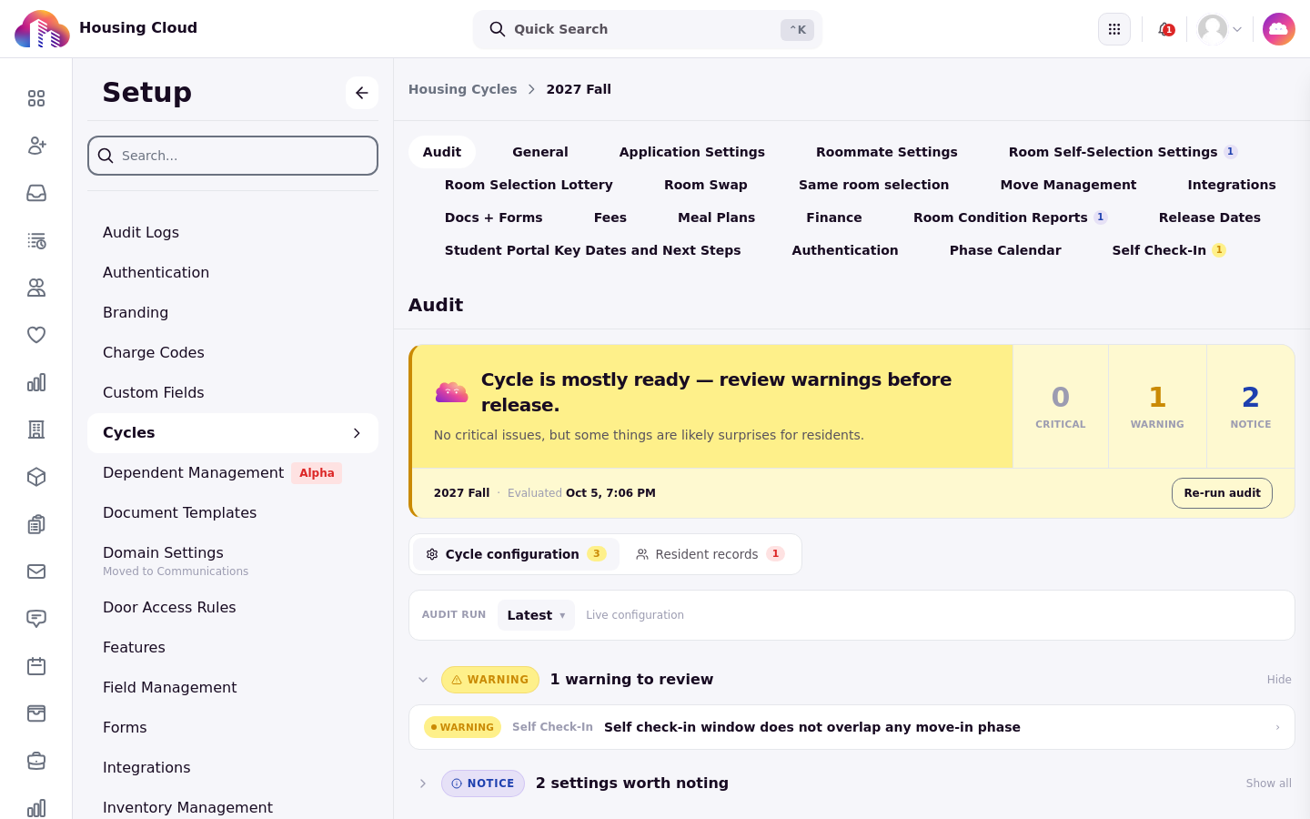 The Audit tab of a housing cycle with its headline and groups