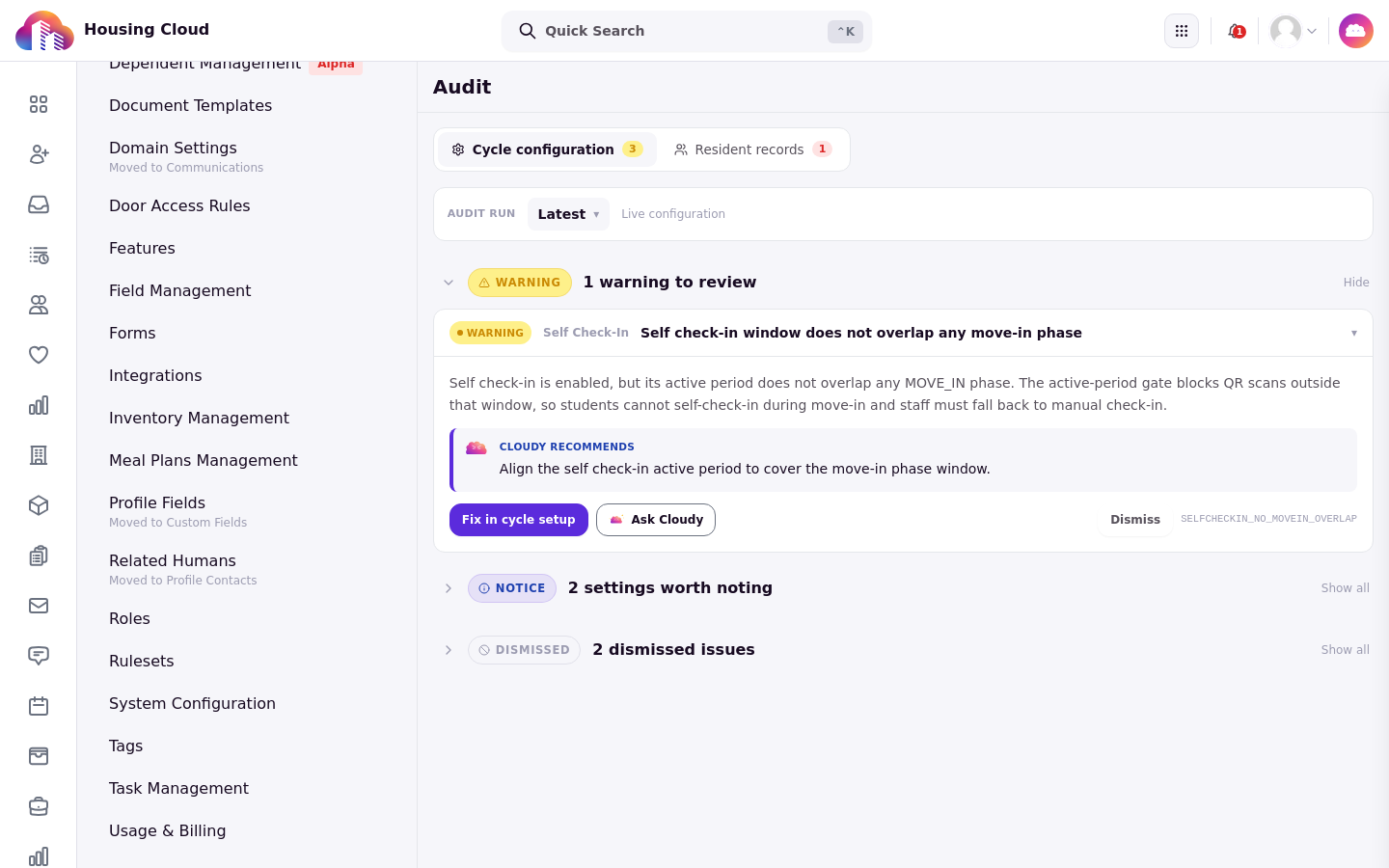 An expanded audit warning with Cloudy recommendation, fix link and Ask Cloudy