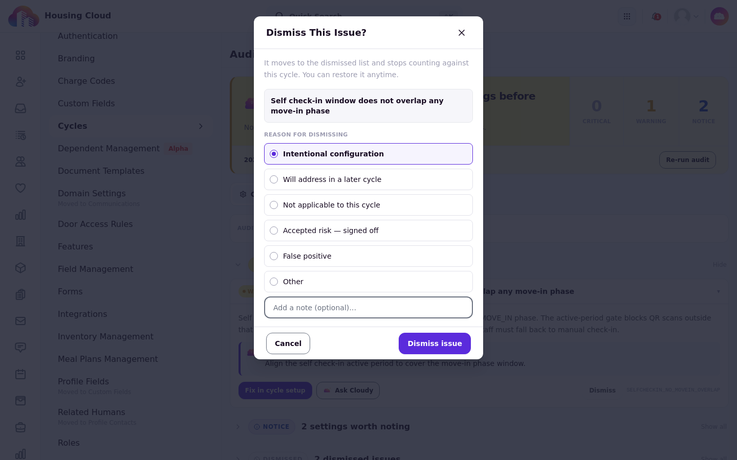 The dismiss window with its reason list and note field