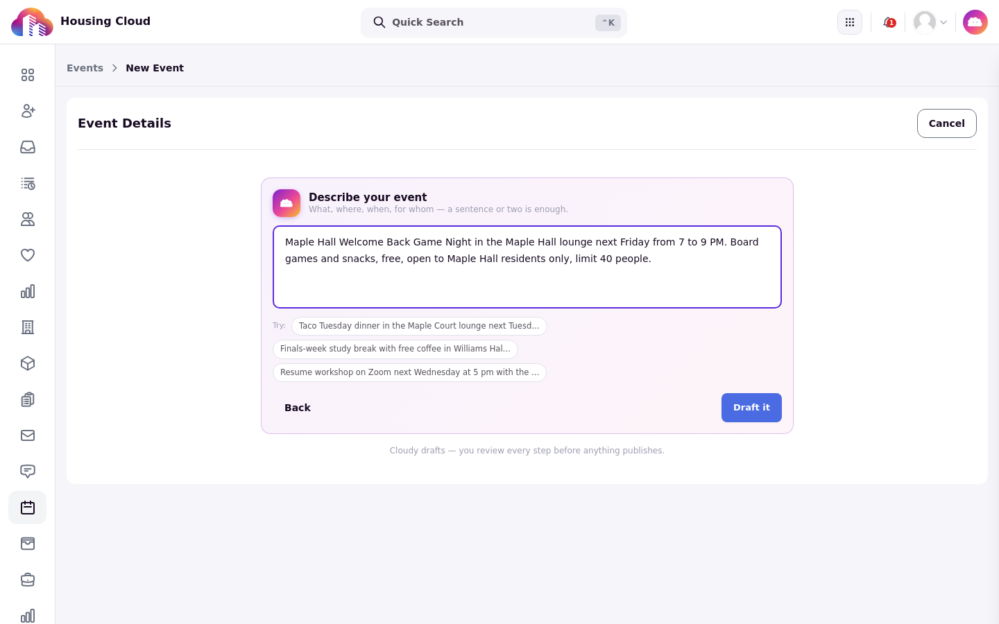 The event description typed in the Describe your event box