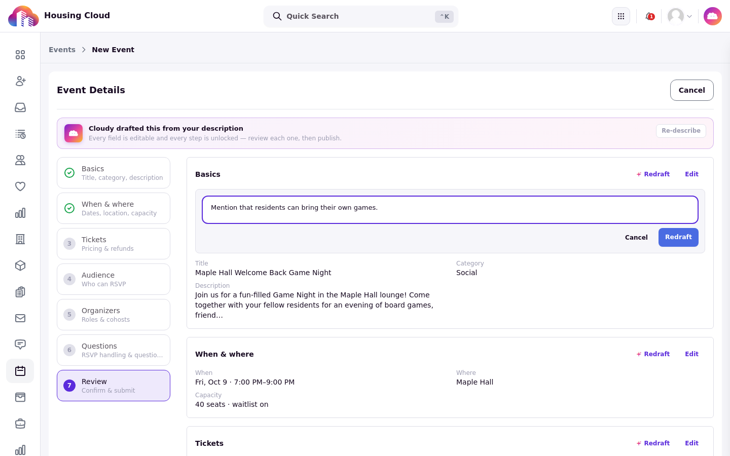The Redraft feedback box with feedback typed